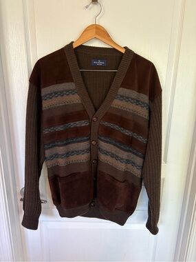 Vintage Malagrida-made in Italy Mixed-Texture Button Cardigan wool/suede/cotton